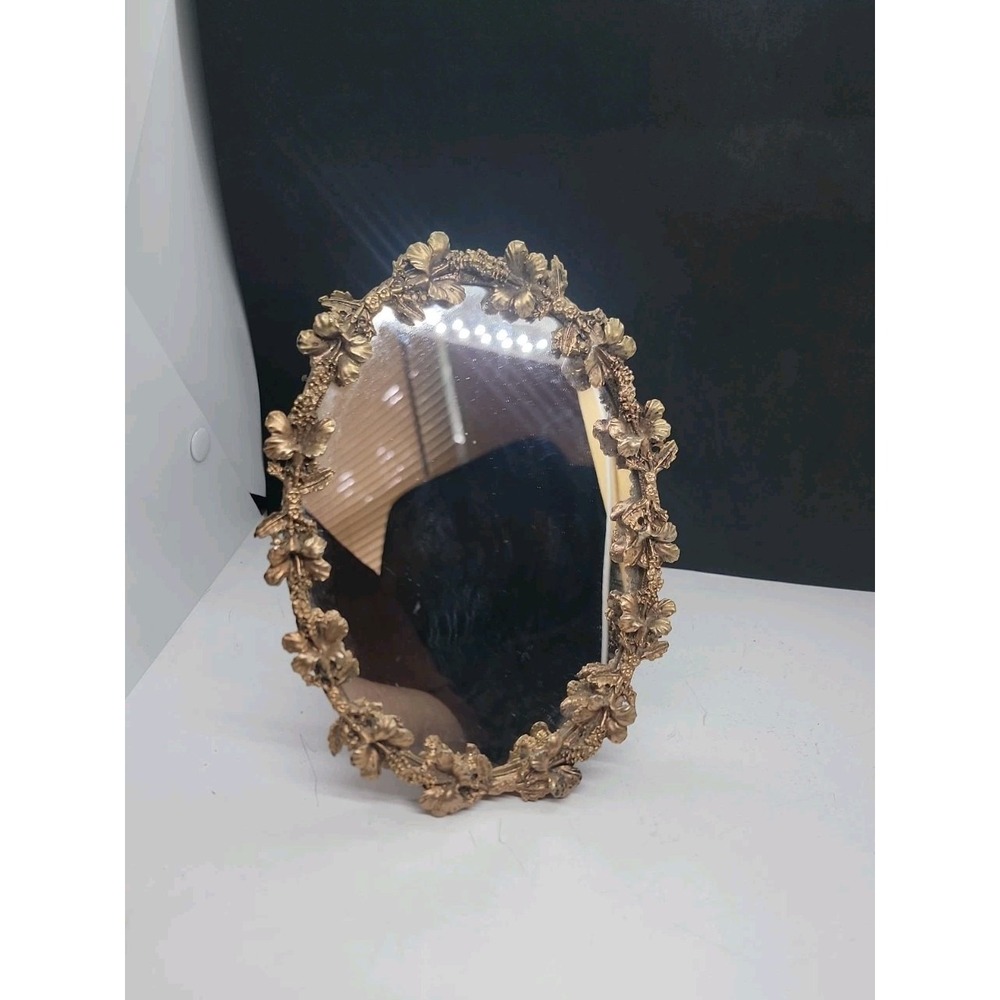 Vintage Globe 24K Gold Plated Ornate Hibiscus Design Tabletop Oval Mirror 1950s